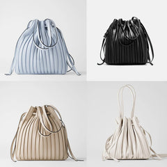 Pleated Stripe Bucket Bag Women Shoulder Bag