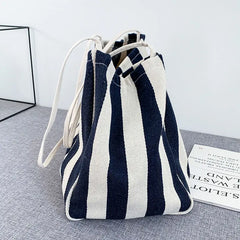 Striped Shoulder Bag Large Capacity Canvas Shopping Pouch