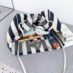 Striped Shoulder Bag Large Capacity Canvas Shopping Pouch