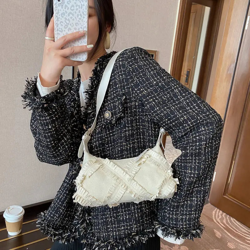 Shoulder Bags Women Khaki Underarm Canvas Stylish All-match Zipper Ladies