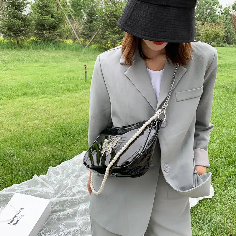 Women Patent Leather Butterfly Diamonds Flaps Texture Pearls Handbag