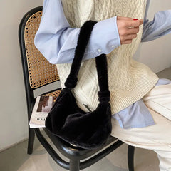 Women Soft Plush Shoulder Bag Solid Underarm Handbag