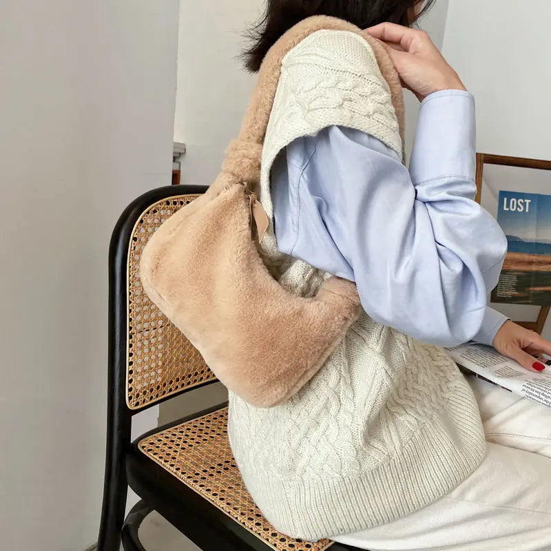 Women Soft Plush Shoulder Bag Solid Underarm Handbag