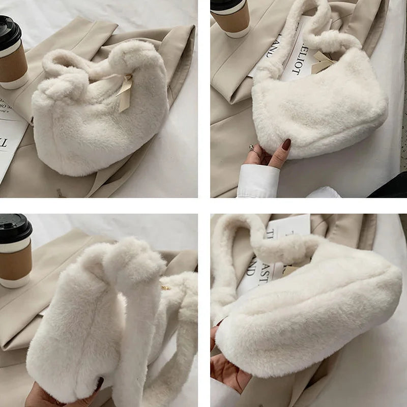 Women Soft Plush Shoulder Bag Solid Underarm Handbag