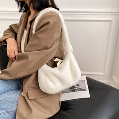 Women Soft Plush Shoulder Bag Solid Underarm Handbag