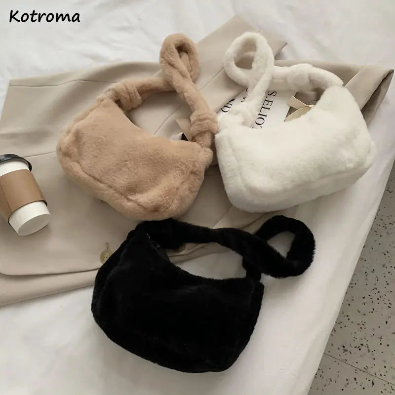 Women Soft Plush Shoulder Bag Solid Underarm Handbag