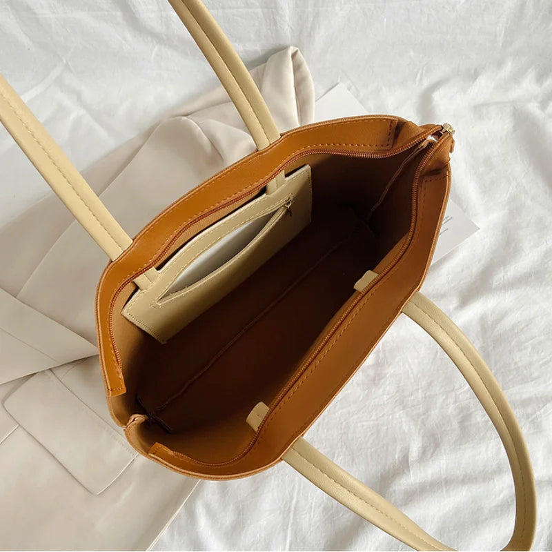 Large Capacity PU Leather Tote Bag Zipper Handbag