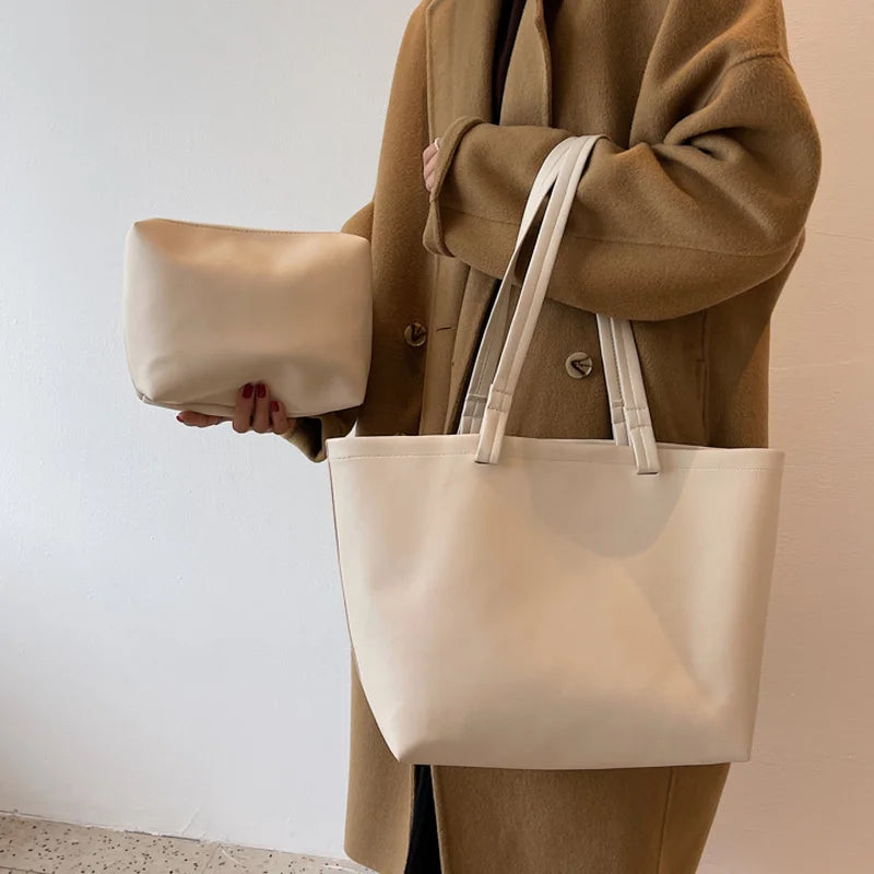 Shoulder Bags Women Solid Texture Large Capacity Tote Handbag Office Lady