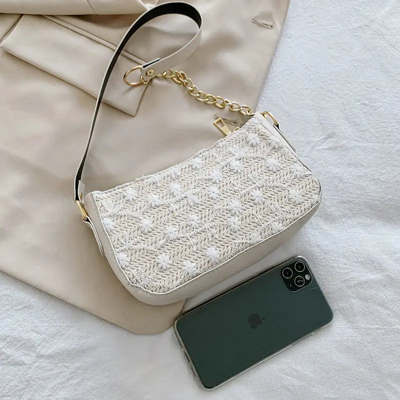 Women Straw Shoulder Bag Zipper Knitting Style Handbag