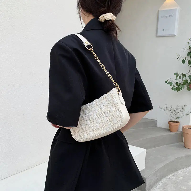Women Straw Shoulder Bag Zipper Knitting Style Handbag