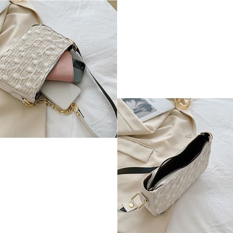 Women Straw Shoulder Bag Zipper Knitting Style Handbag