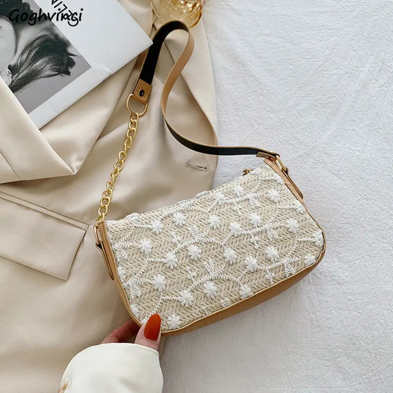 Women Straw Shoulder Bag Zipper Knitting Style Handbag