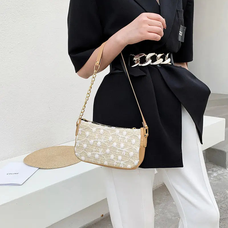 Women Straw Shoulder Bag Zipper Knitting Style Handbag