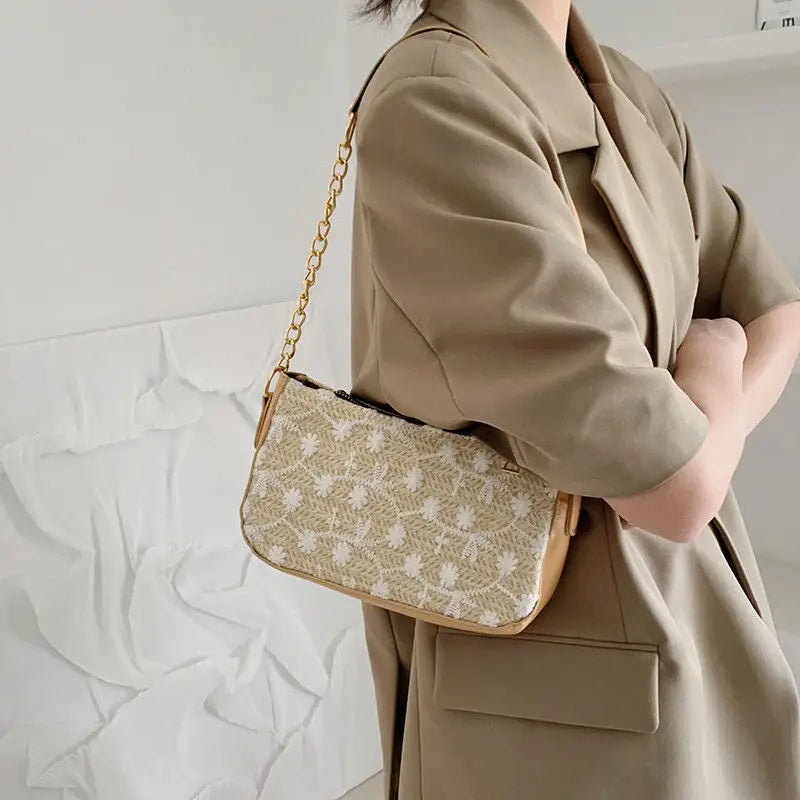 Women Straw Shoulder Bag Zipper Knitting Style Handbag