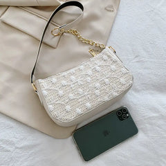Women Straw Shoulder Bag Zipper Knitting Style Handbag