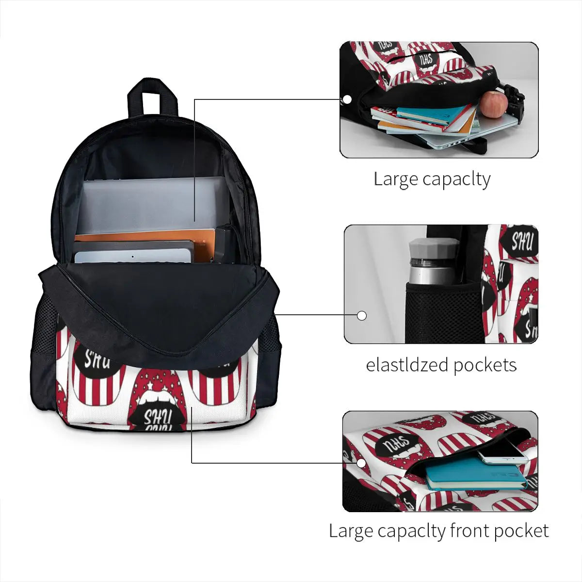 Shu Lips Backpacks Men's and Women's Zipper Close Bag