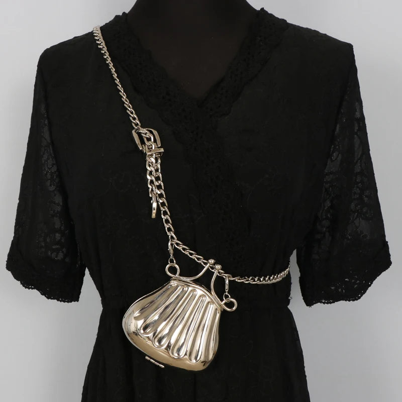 Metallic Chain Waist Belt with Coin Bag Shell Women Chest Bag