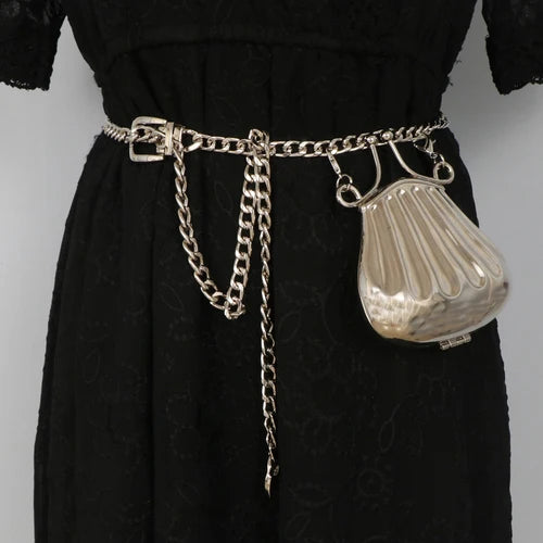 Metallic Chain Waist Belt with Coin Bag Shell Women Chest Bag