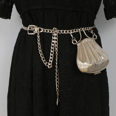 Metallic Chain Waist Belt with Coin Bag Shell Women Chest Bag