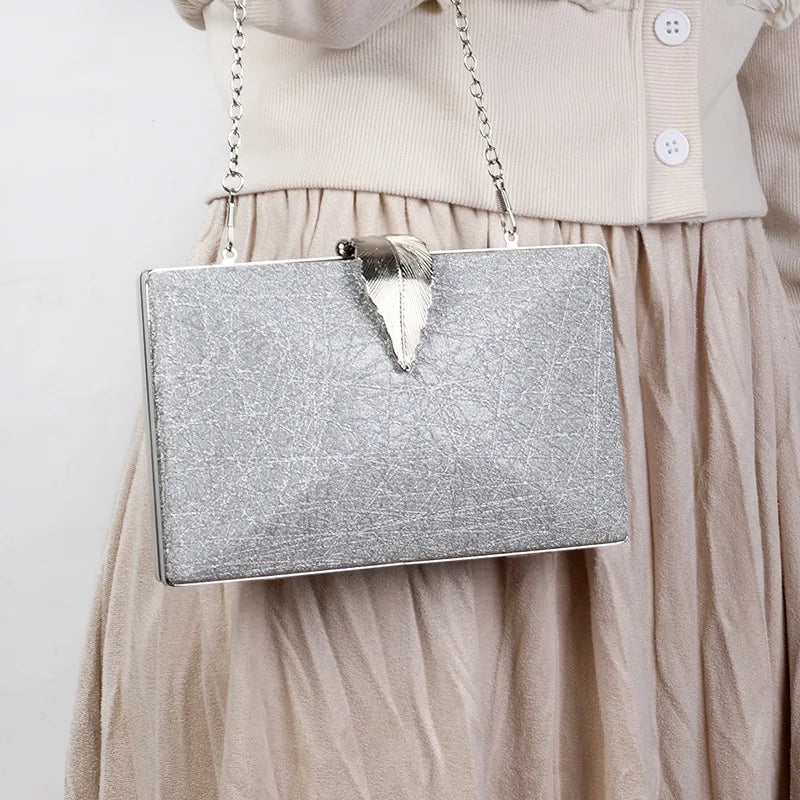 Silver Clutch Bags Womens High Wedding Purse Leaf Shape Hasp Phone Crossbody Bag