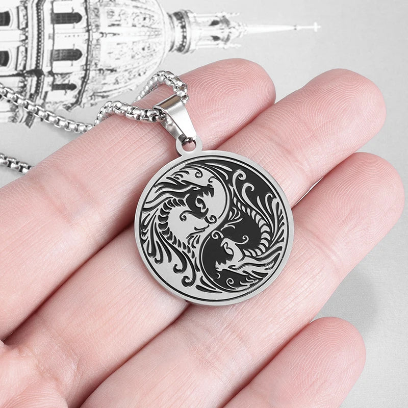 Silver Yin Yang Double Dragon Pendant Necklace