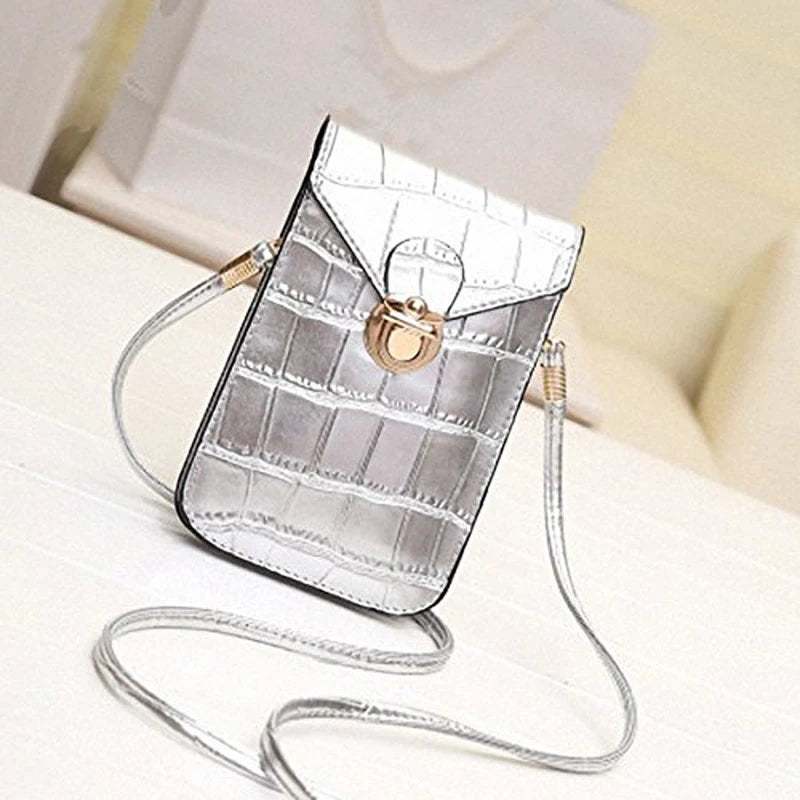 Silver Crocodile Leather Phone Mini Bag Clutch Purse
