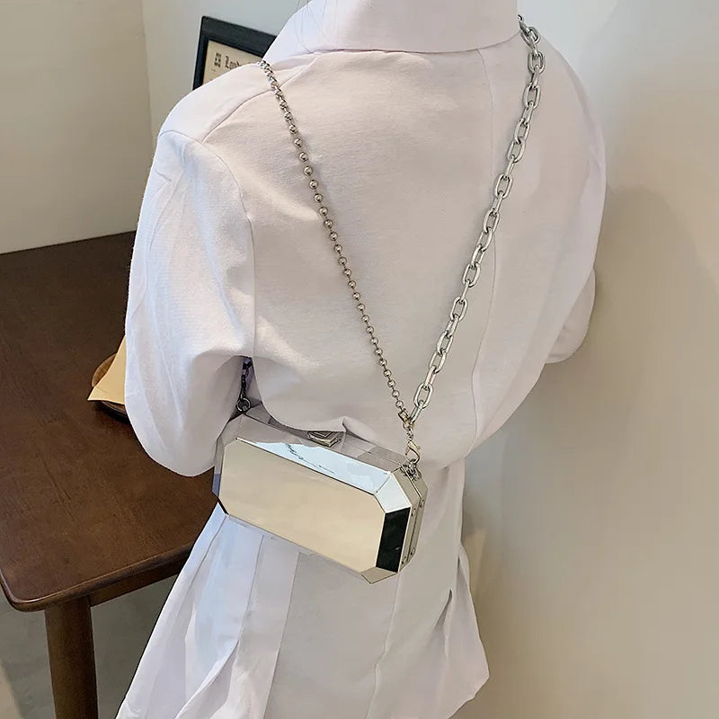 Silver Chain Party Clutch Purse for Women Shoulder Bag Crossbdoy Female
