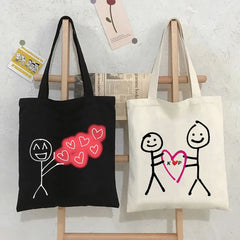 Funny Couple Line Art Stick Figures Women Eco Shoulder Reusable Totes
