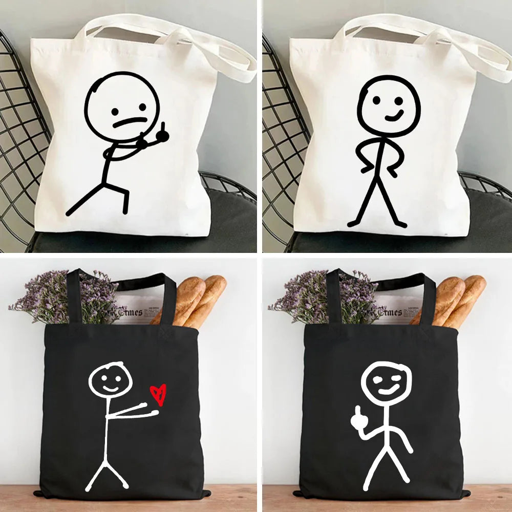 Funny Couple Line Art Stick Figures Women Eco Shoulder Reusable Totes
