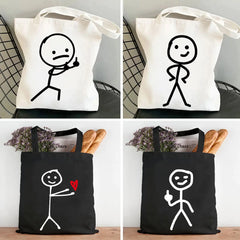 Funny Couple Line Art Stick Figures Women Eco Shoulder Reusable Totes