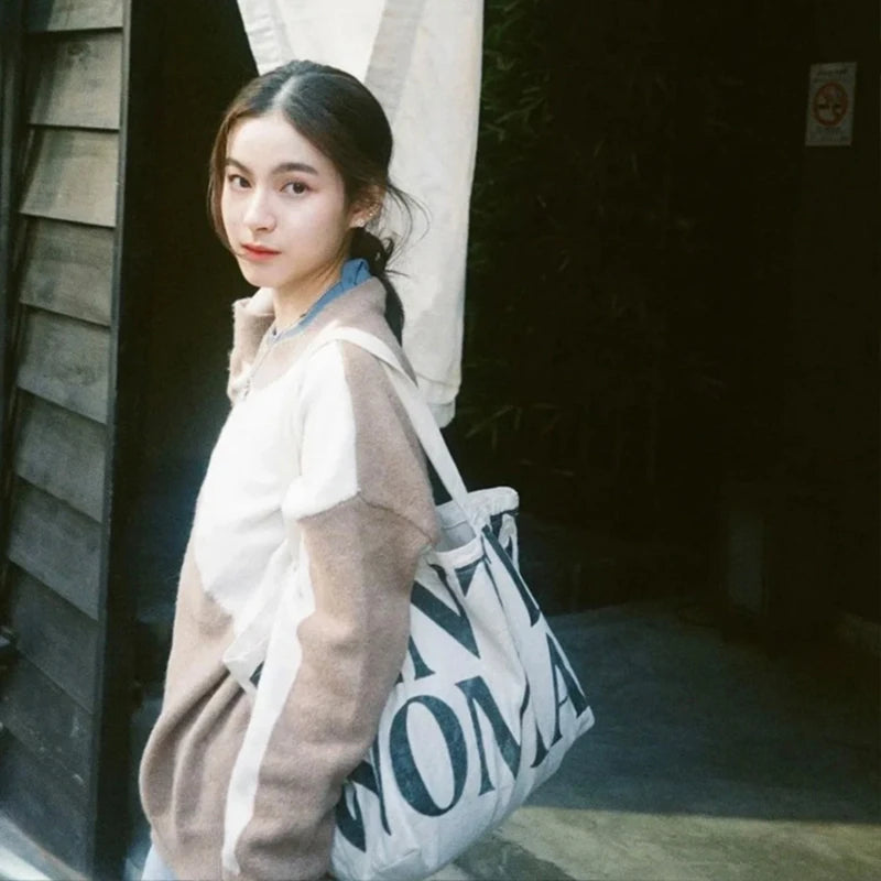 Letter Canvas Shoulder Shopping Bag High Capacity Women's Bags