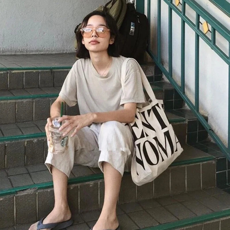 Letter Canvas Shoulder Shopping Bag High Capacity Women's Bags