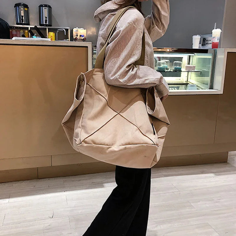 Canvas Shoulder Bag Ladies Street Tote Bag Solid Color Shopping Bag