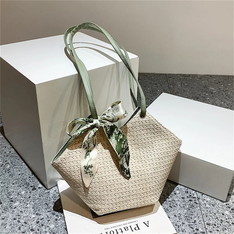 Straw Woven Bag Silk Scarf Women Shoulder Bag Handbags