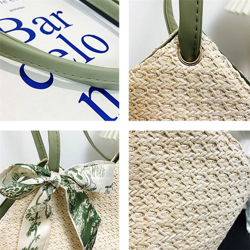 Straw Woven Bag Silk Scarf Women Shoulder Bag Handbags