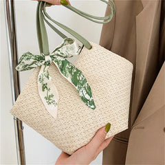 Straw Woven Bag Silk Scarf Women Shoulder Bag Handbags