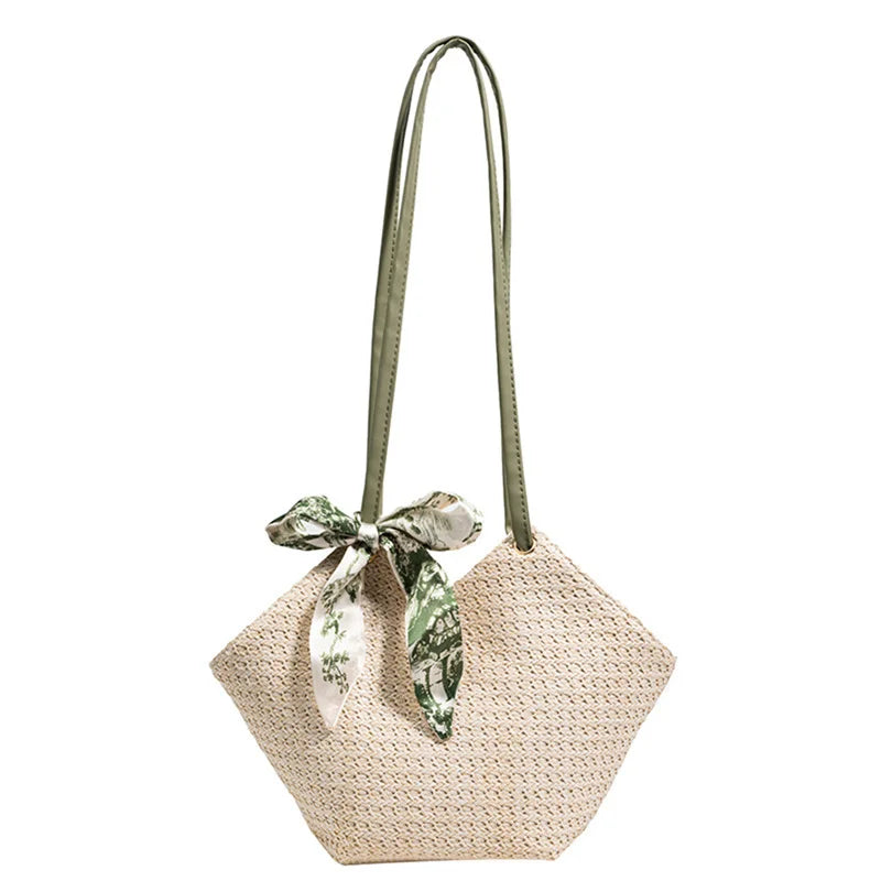 Straw Woven Bag Silk Scarf Women Shoulder Bag Handbags