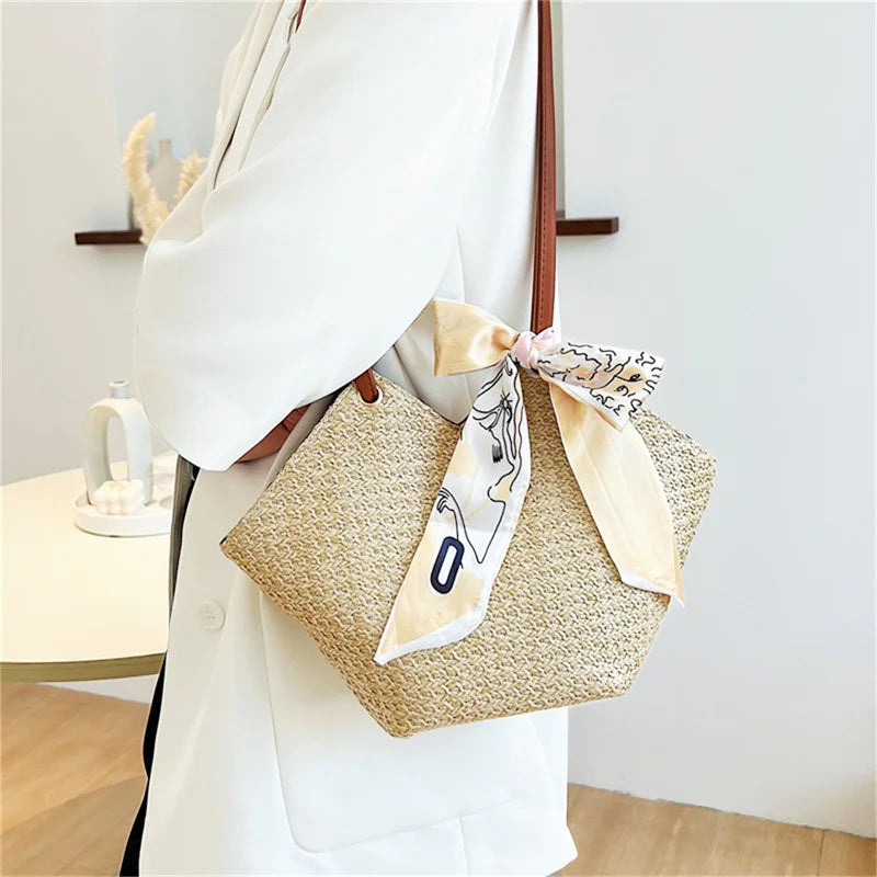 Straw Woven Bag Silk Scarf Women Shoulder Bag Handbags