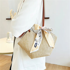 Straw Woven Bag Silk Scarf Women Shoulder Bag Handbags
