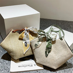 Straw Woven Bag Silk Scarf Women Shoulder Bag Handbags