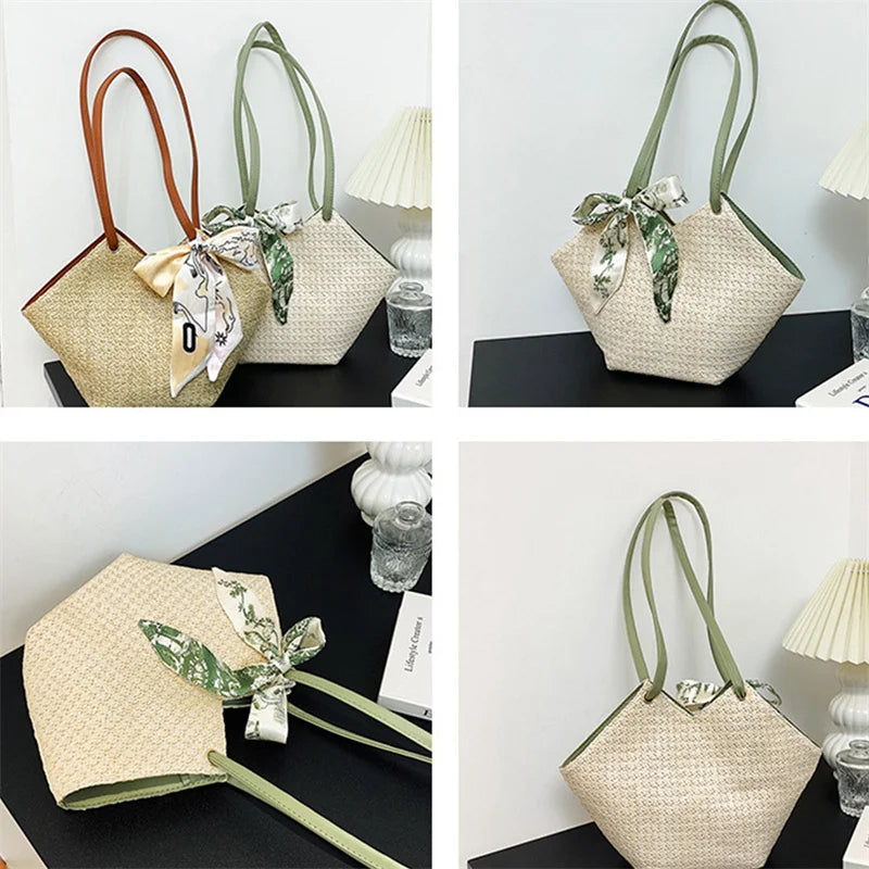 Straw Woven Bag Silk Scarf Women Shoulder Bag Handbags
