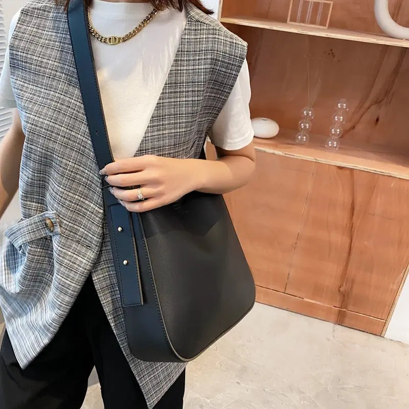 PU Leather Bucket Crossbody Bags for Women Solid Shoulder Handbags