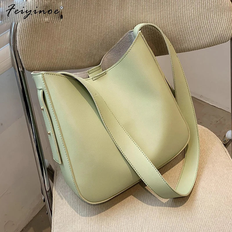 PU Leather Bucket Crossbody Bags for Women Solid Shoulder Handbags