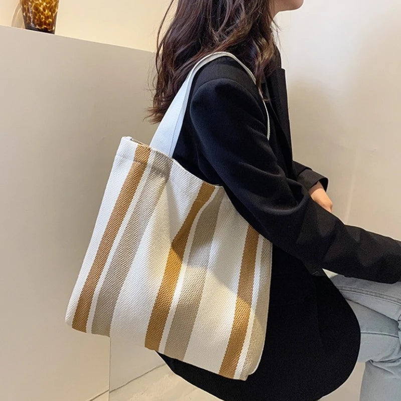 Striped Canvas Shoulder Bag for Women Casual Literature Art Large-capacity
