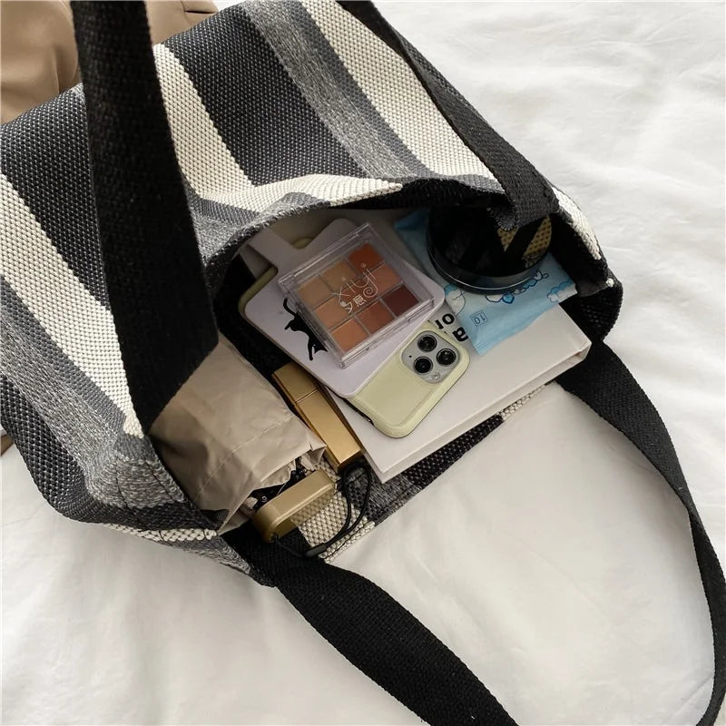 Striped Canvas Shoulder Bag for Women Casual Literature Art Large-capacity