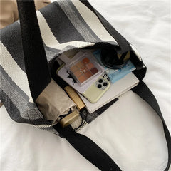 Striped Canvas Shoulder Bag for Women Casual Literature Art Large-capacity
