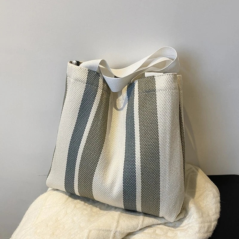 Striped Canvas Shoulder Bag for Women Casual Literature Art Large-capacity