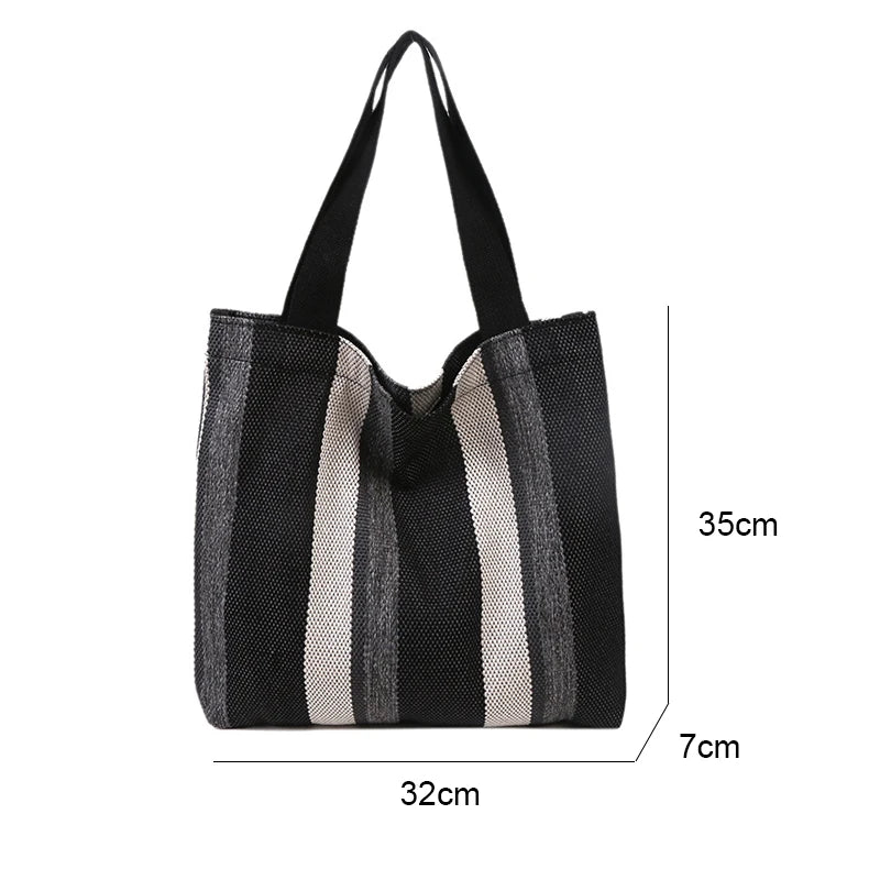 Striped Canvas Shoulder Bag for Women Casual Literature Art Large-capacity