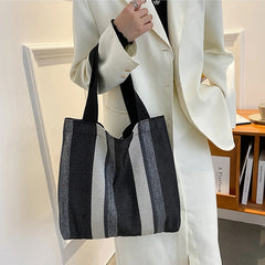 Striped Canvas Shoulder Bag for Women Casual Literature Art Large-capacity