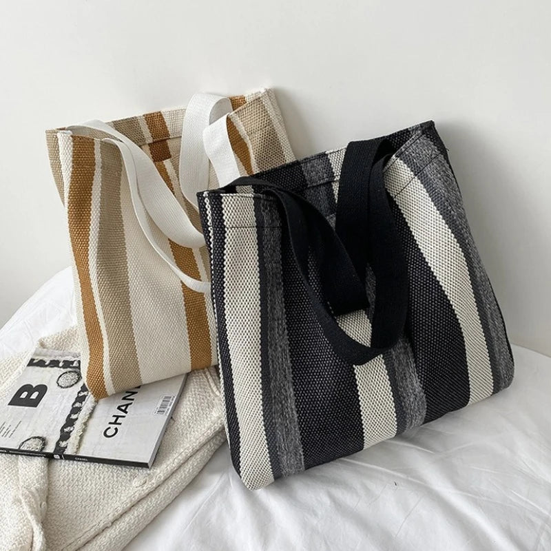 Striped Canvas Shoulder Bag for Women Casual Literature Art Large-capacity